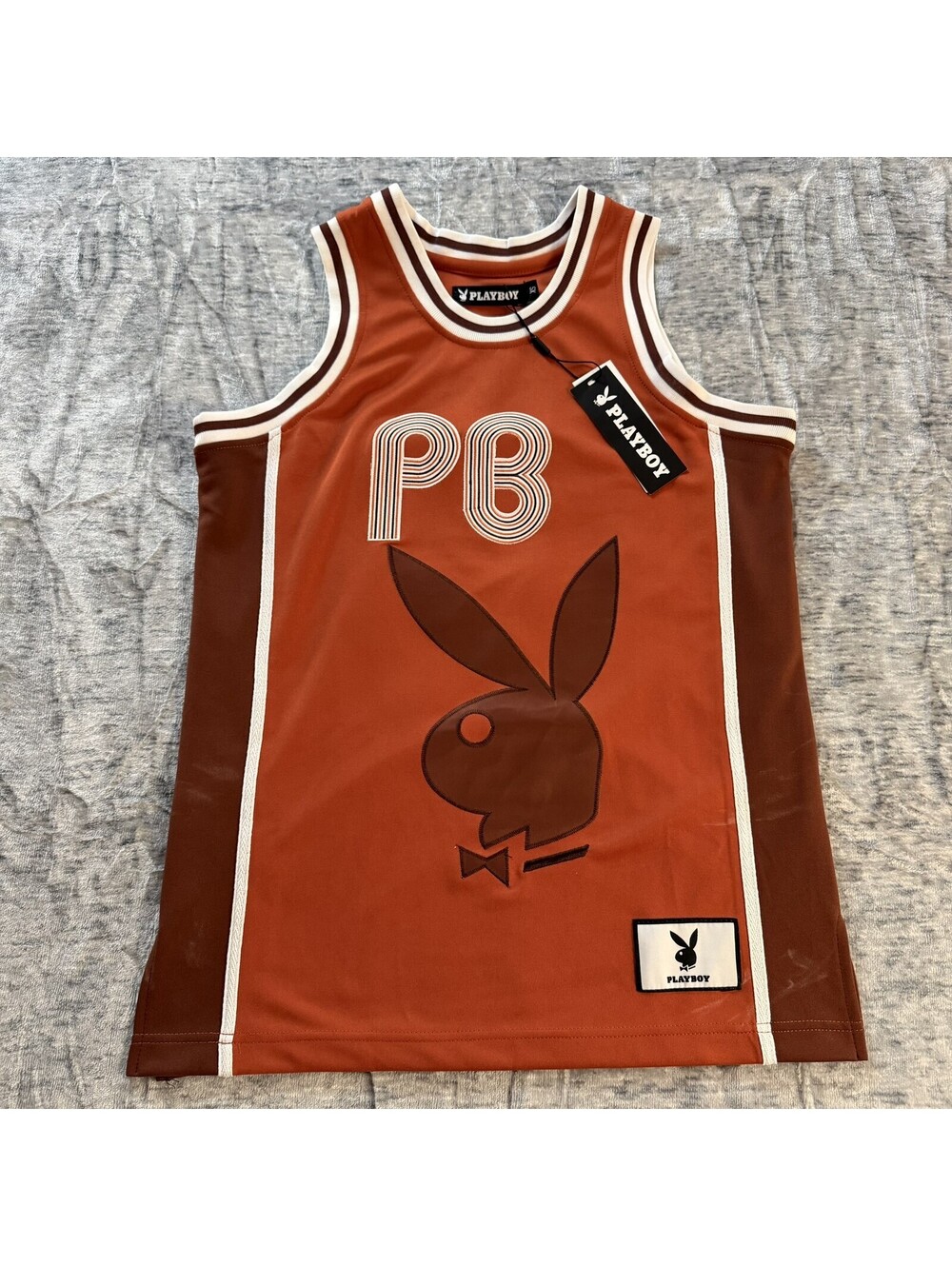 Playboy Men's XS Orange Brown White PB 53 Basketball Jersey Activewear Tank Top